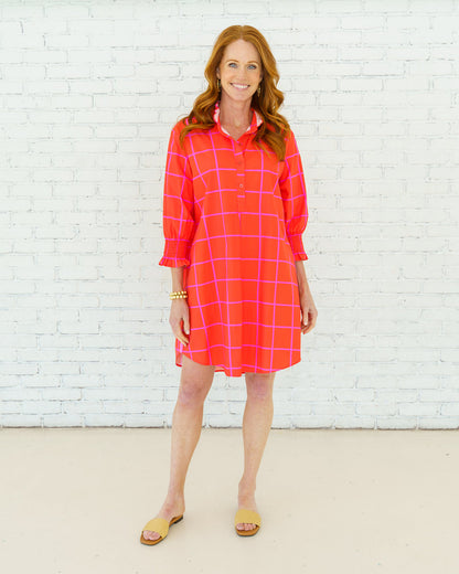 Kimberly Park Dress Red and Pink in crisp cotton poplin with vibrant check, curated Fredericksburg