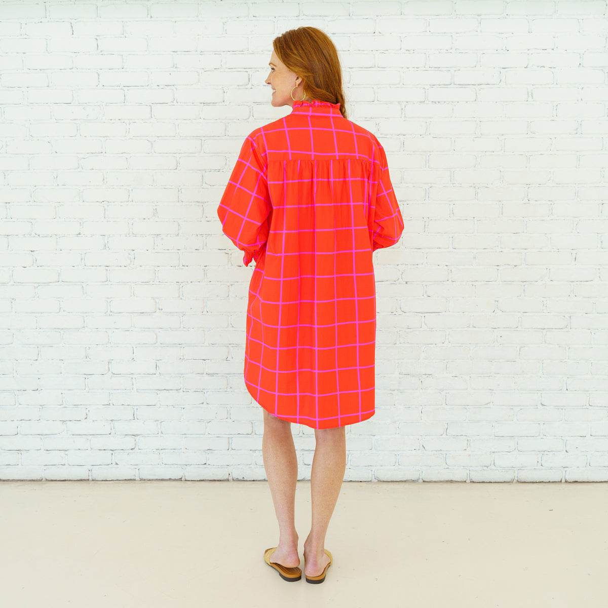 Kimberly Park Dress Red and Pink in crisp cotton poplin with vibrant windowpane print by CARYN LAWN