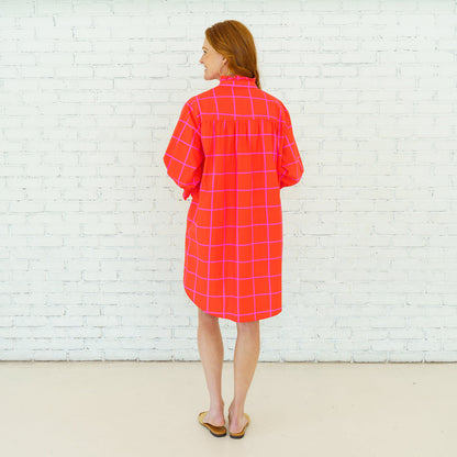 Kimberly Park Dress Red and Pink in crisp cotton poplin with vibrant windowpane print by CARYN LAWN