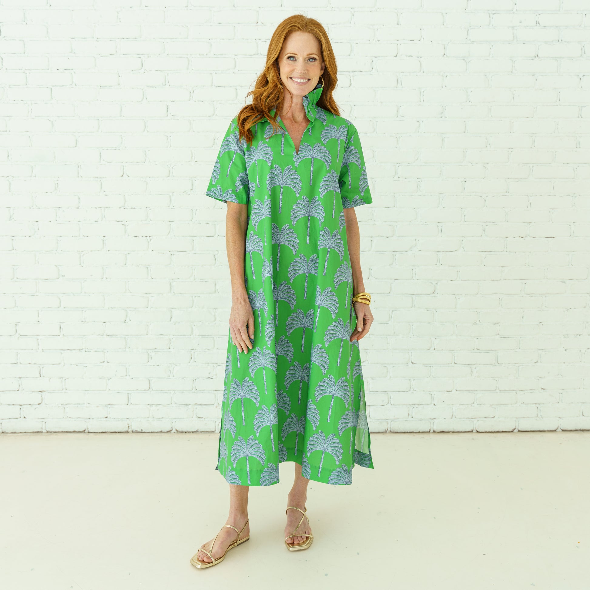 Georgia Palm Dress Green in breathable cotton with palm print and relaxed fit, Caryn Lawn Women’s Dress