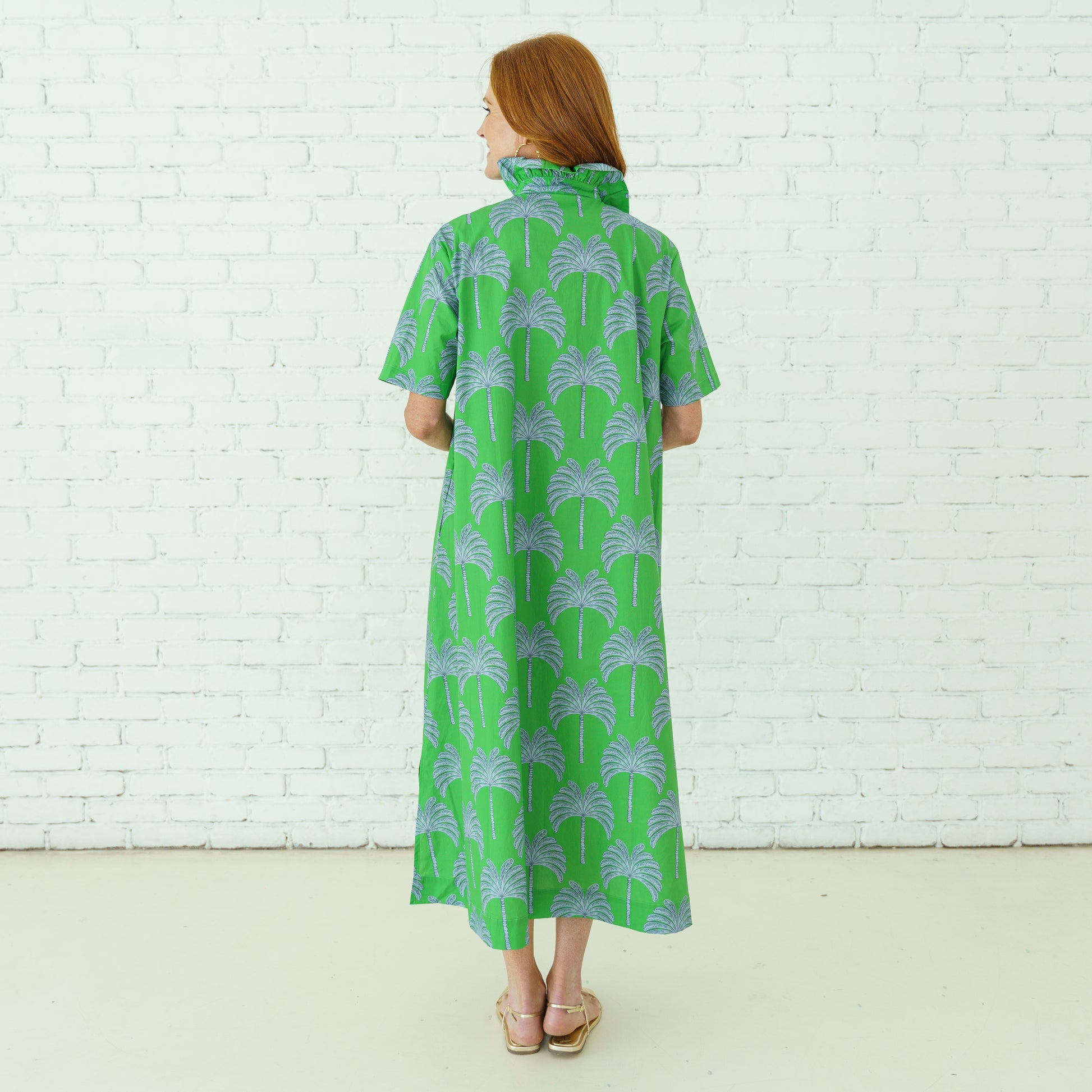 Georgia Palm Dress Green in breathable cotton with palm print, relaxed fit, Women's Dresses & Jumpsuits