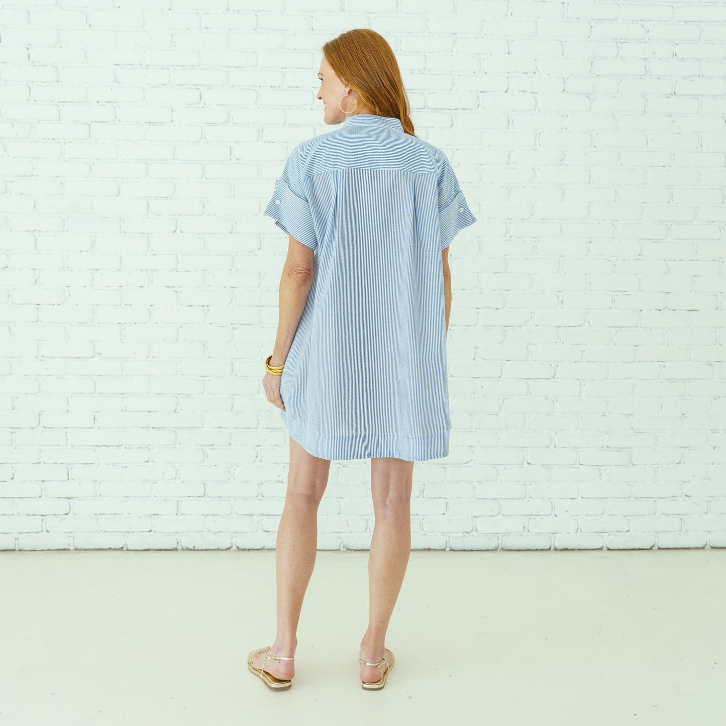 Margo Seersucker Dress Navy classic cotton fabric with pockets, curated Women's Dresses & Jumpsuits