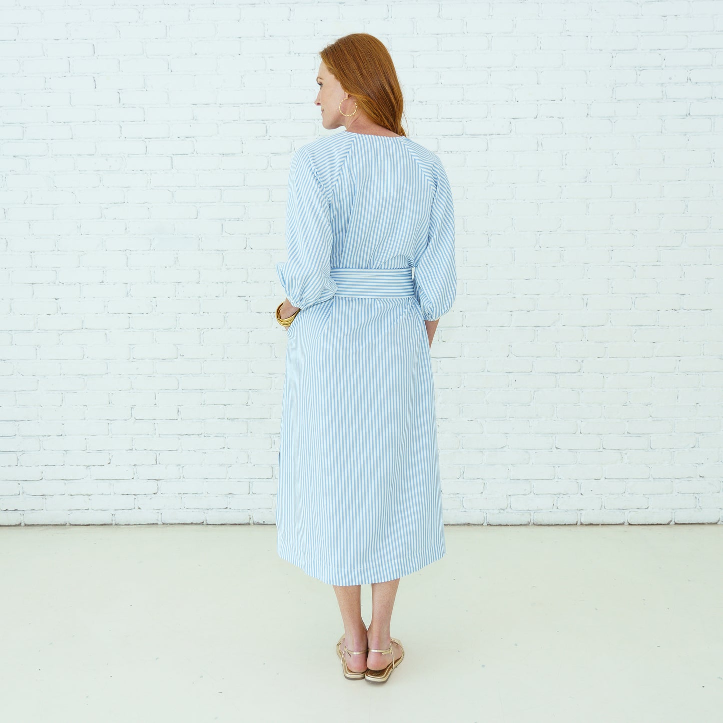 Coco Dress Seersucker Blue in striped stretch fabric with tie waist, curated Fredericksburg boutique