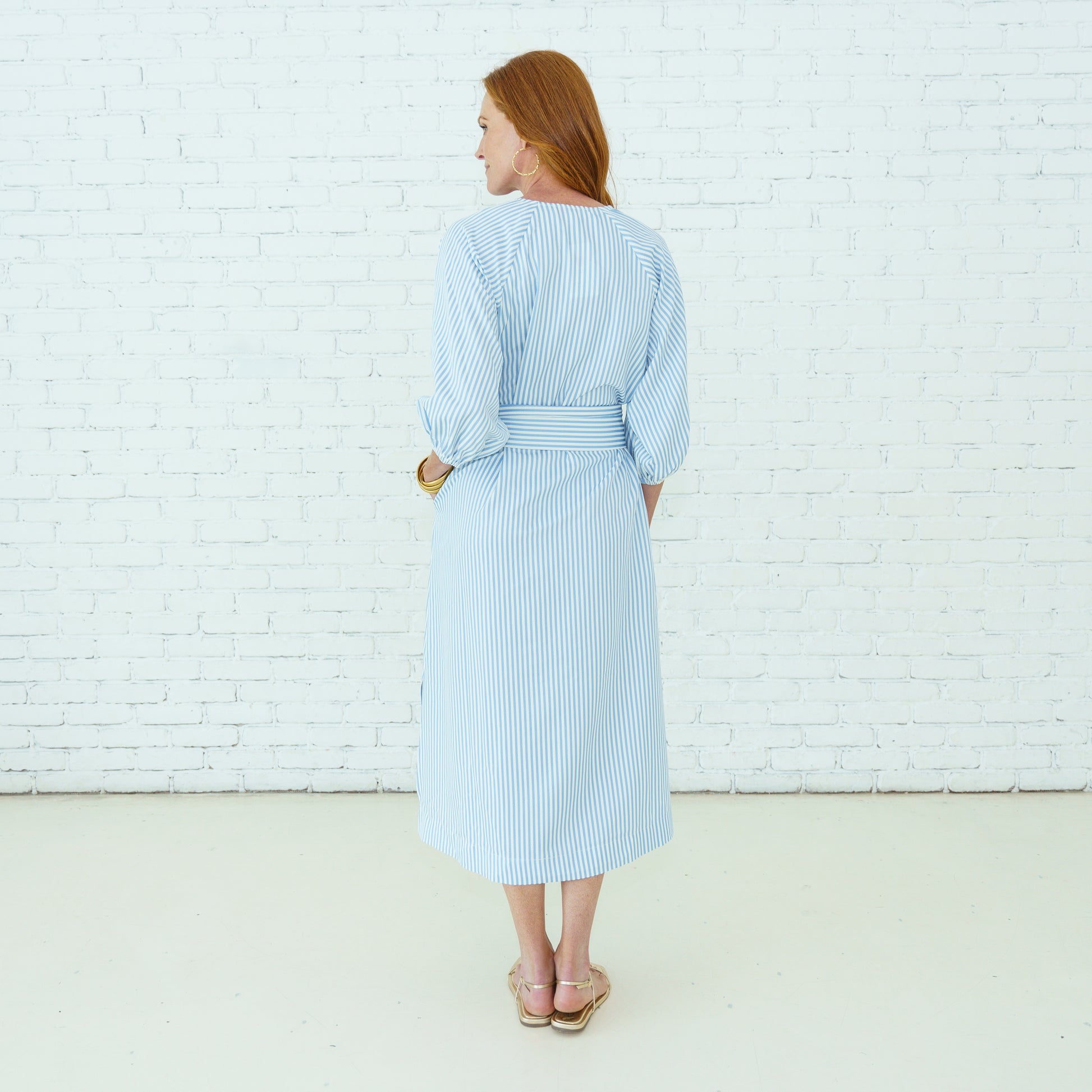 Coco Dress Seersucker Blue in striped stretch fabric with tie waist, curated Fredericksburg boutique