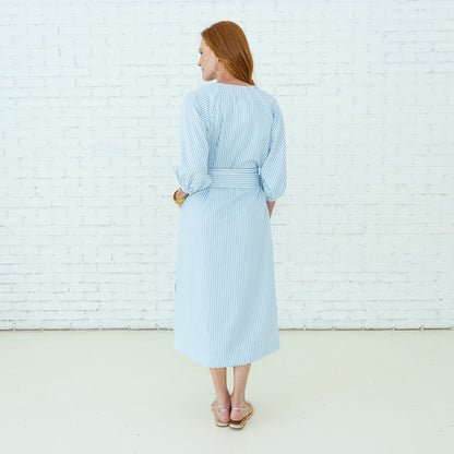 Coco Dress Seersucker Blue in striped stretch fabric with tie waist, curated Fredericksburg boutique