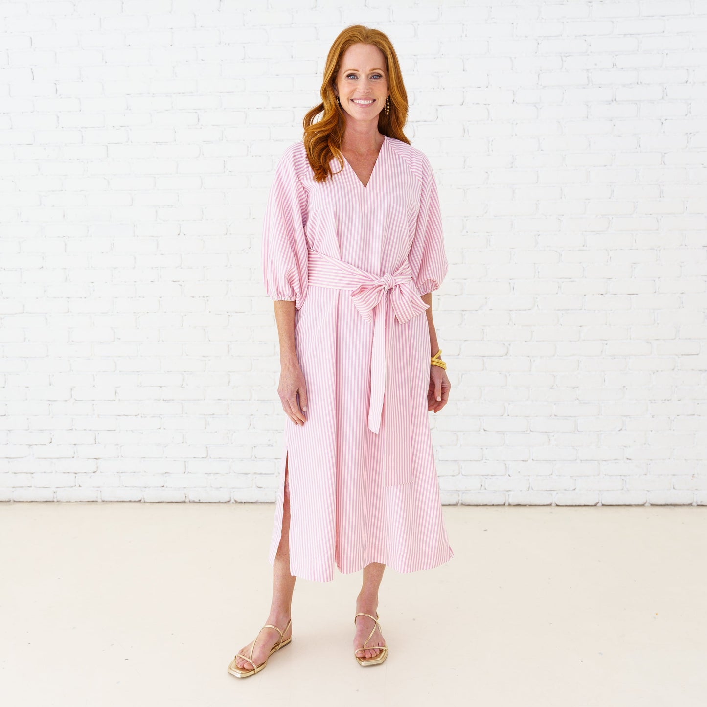 Coco Dress Seersucker Pink with striped pattern, elastic 3/4 sleeves, from Caryn Lawn collection