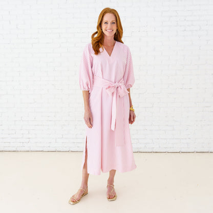 Coco Dress Seersucker Pink with striped pattern, elastic 3/4 sleeves, from Caryn Lawn collection