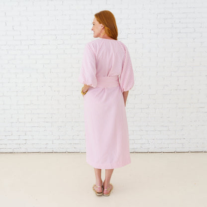 Coco Dress Seersucker Pink with striped pattern, elastic 3/4 sleeves, from Caryn Lawn, Women’s Dresses & Jumpsuits