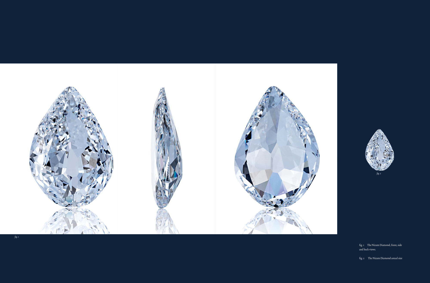 Close-up of a pear-shaped diamond cut viewed from multiple angles set against a dark blue background, highlighting its brilliance and facets, Diamonds Across Time: Facets Of Mankind.