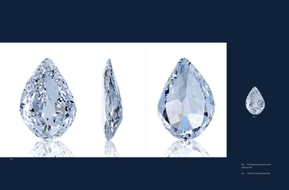 Close-up of a pear-shaped diamond cut viewed from multiple angles set against a dark blue background, highlighting its brilliance and facets, Diamonds Across Time: Facets Of Mankind.
