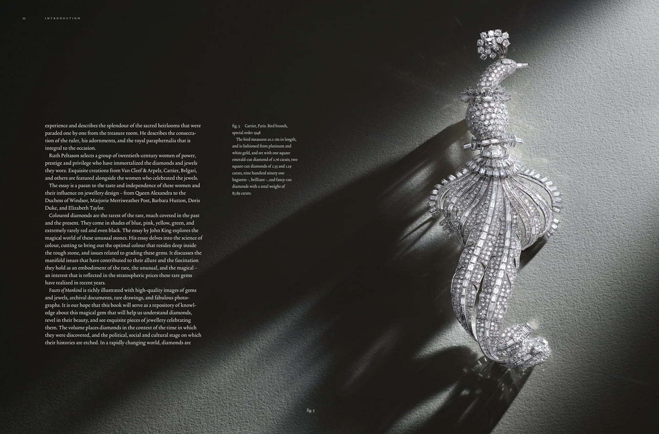 Elegant diamond-encrusted brooch shaped like a bird, showcasing intricate craftsmanship and luxury, featured in Diamonds Across Time: Facets Of Mankind.