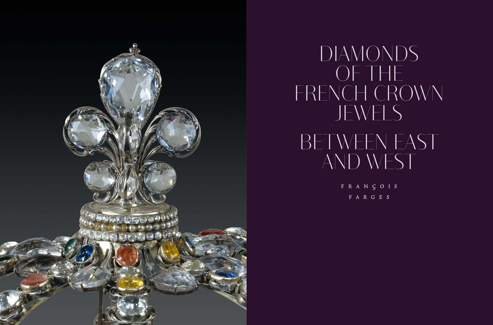 Close-up of a jeweled French crown adorned with large clear and colorful gemstones, paired with elegant typography reading "Diamonds Across Time: Facets Of Mankind" in a sophisticated layout.