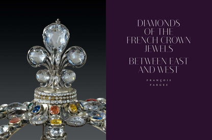 Close-up of a jeweled French crown adorned with large clear and colorful gemstones, paired with elegant typography reading "Diamonds Across Time: Facets Of Mankind" in a sophisticated layout.