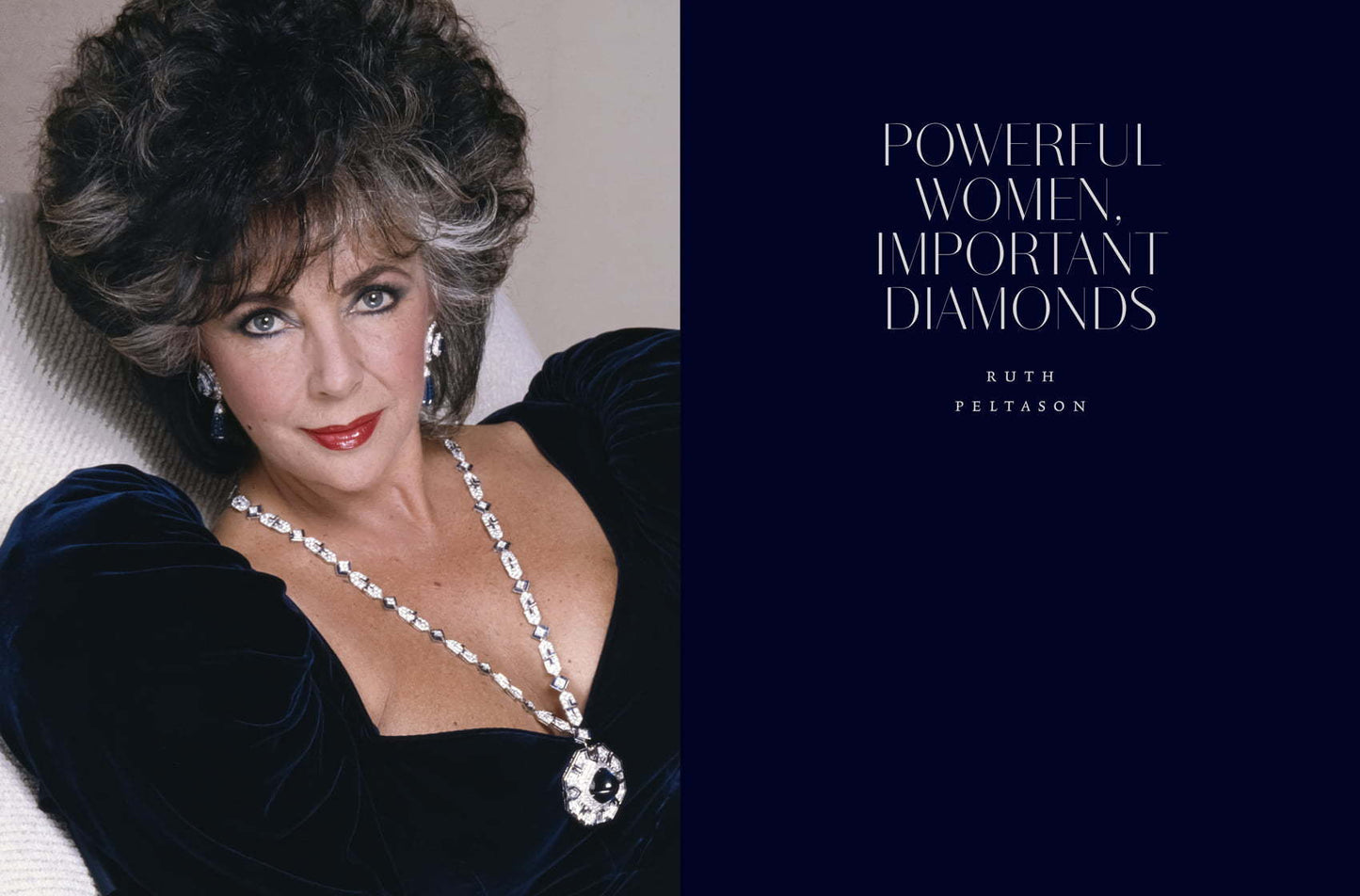 Elegant portrait of a confident woman wearing a striking diamond necklace, symbolizing strength and grace, paired with the quote "Powerful Women, Important Diamonds" by Ruth Peltason, featured in Diamonds Across Time: Facets Of Mankind.