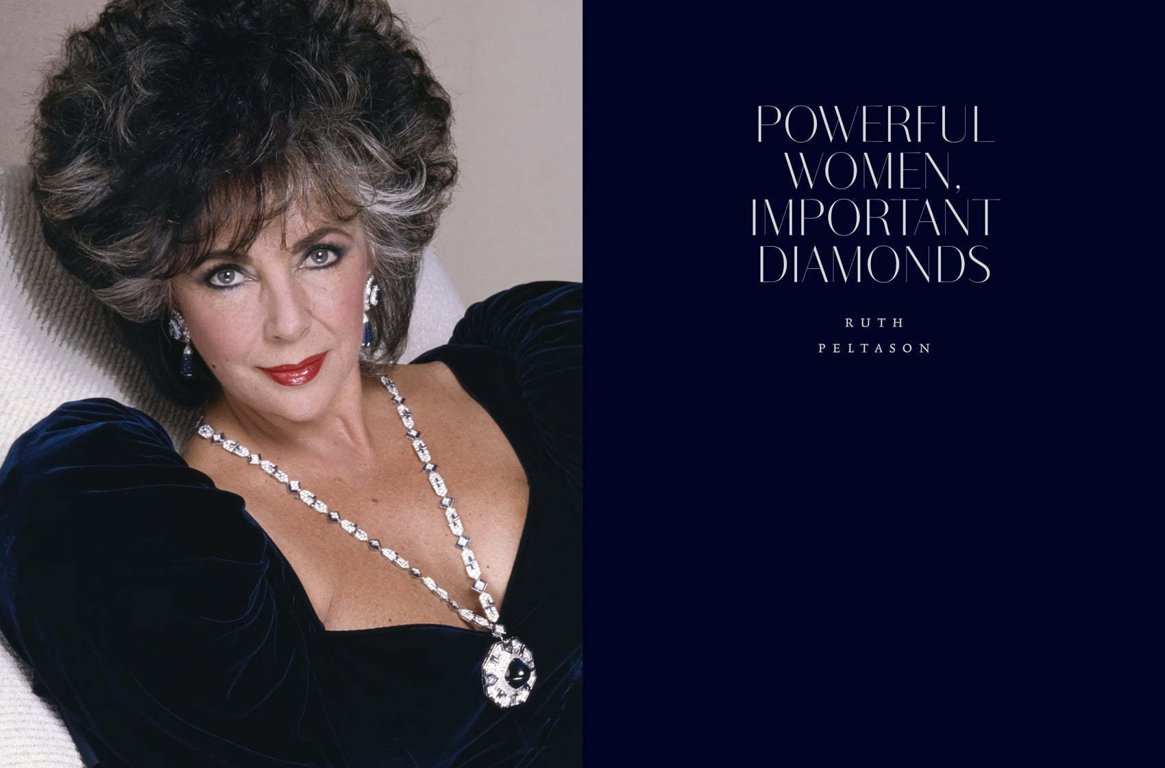 Elegant portrait of a confident woman wearing a striking diamond necklace, symbolizing strength and grace, paired with the quote "Powerful Women, Important Diamonds" by Ruth Peltason, featured in Diamonds Across Time: Facets Of Mankind.