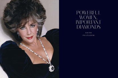 Elegant portrait of a confident woman wearing a striking diamond necklace, symbolizing strength and grace, paired with the quote "Powerful Women, Important Diamonds" by Ruth Peltason, featured in Diamonds Across Time: Facets Of Mankind.