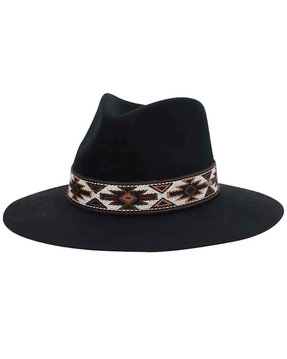 Dona Aztec Band Felt black wool hat with intricate geometric patterned band, women's hats