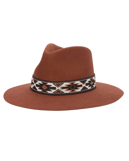 Dona Aztec Band Felt brown wool hat with geometric patterned band, women's stylish headwear