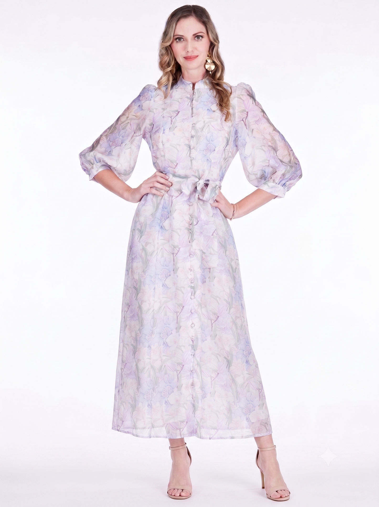 Stand Collar A-Line Midi Dress 50" - Whispering Lilies
