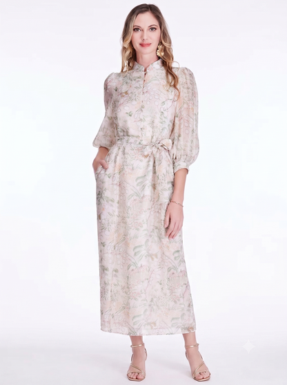 Stand Collar A-Line 50" Dress - Vintage Meadow