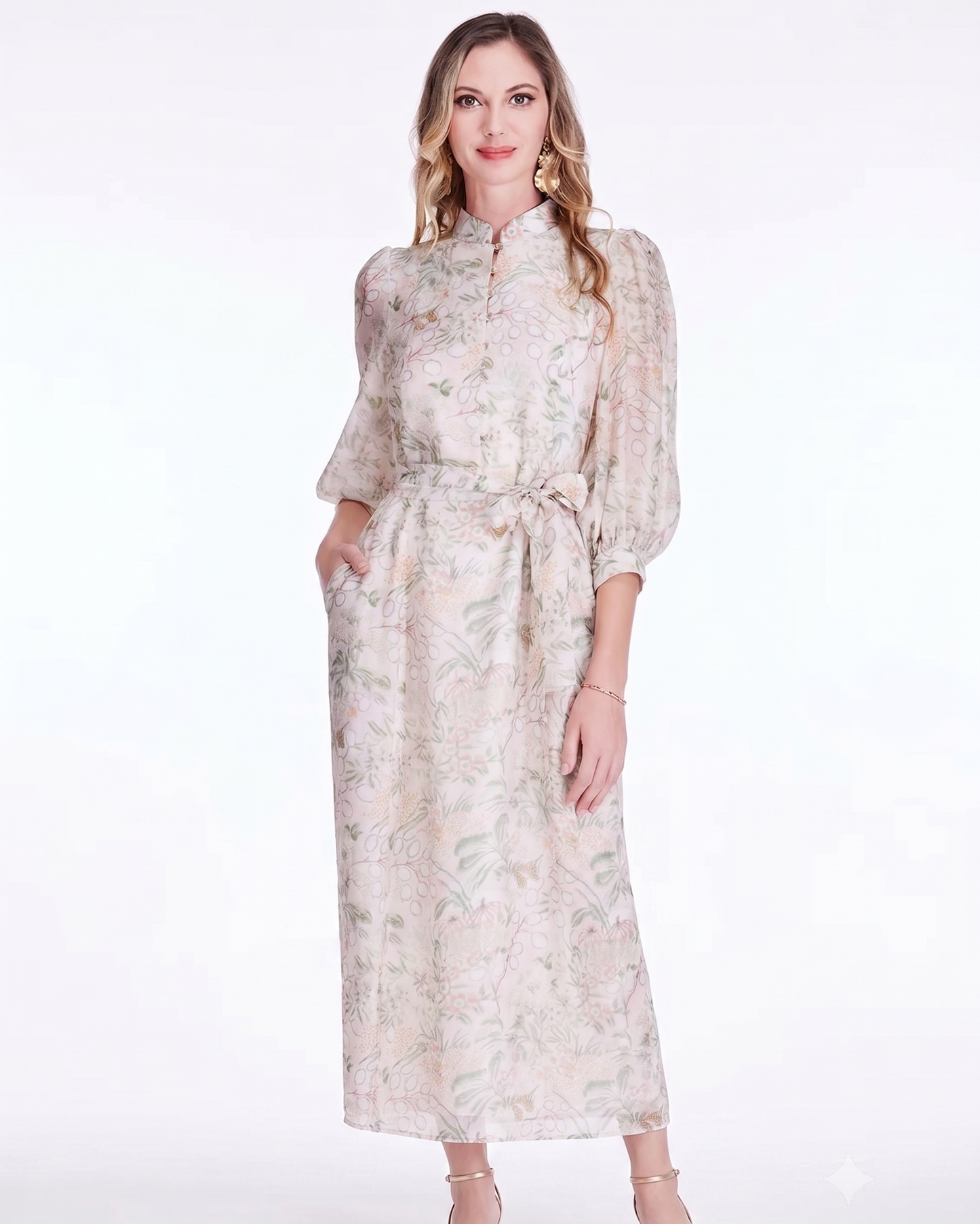 Stand Collar A-Line 50" Dress - Vintage Meadow