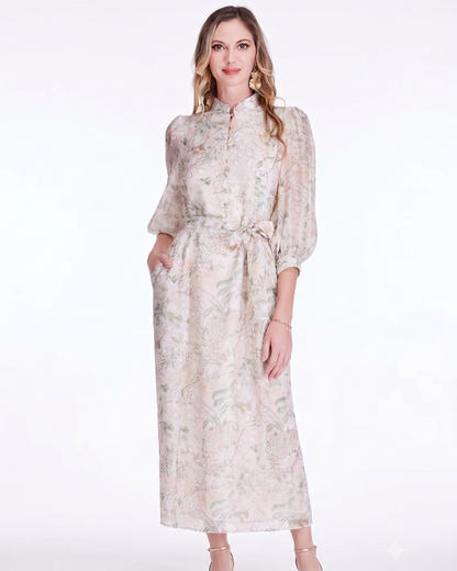Stand Collar A-Line 50" Dress - Vintage Meadow