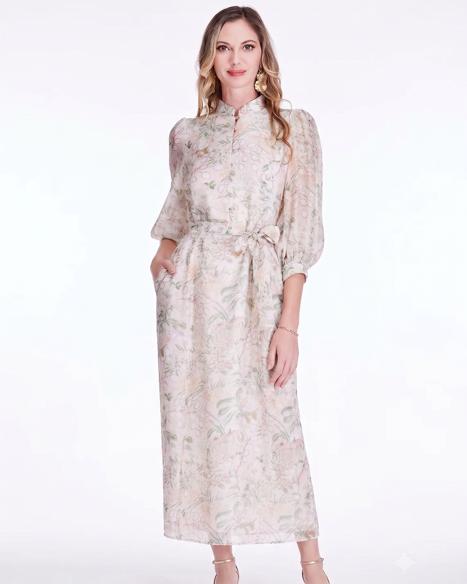 Stand Collar A-Line 50" Dress - Vintage Meadow