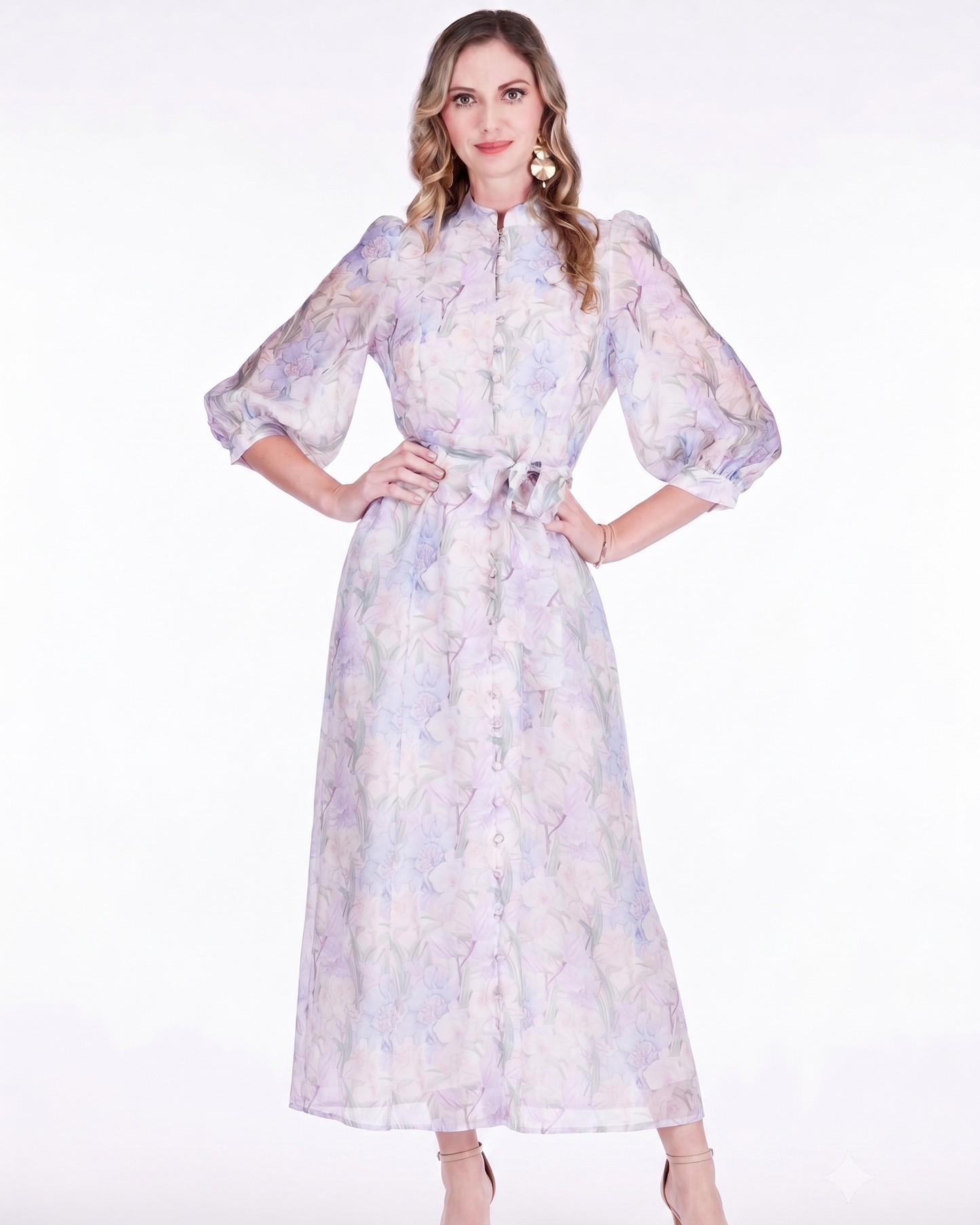 Stand Collar A-Line Midi Dress 50" - Whispering Lilies