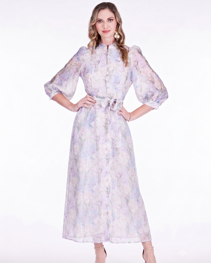 Stand Collar A-Line Midi Dress 50" - Whispering Lilies