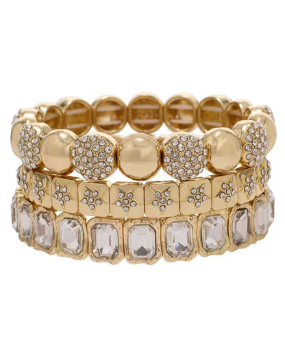 Radiant Gold Crystal Stack Set featuring geometric pavé and clear crystals by TREASURE JEWELS