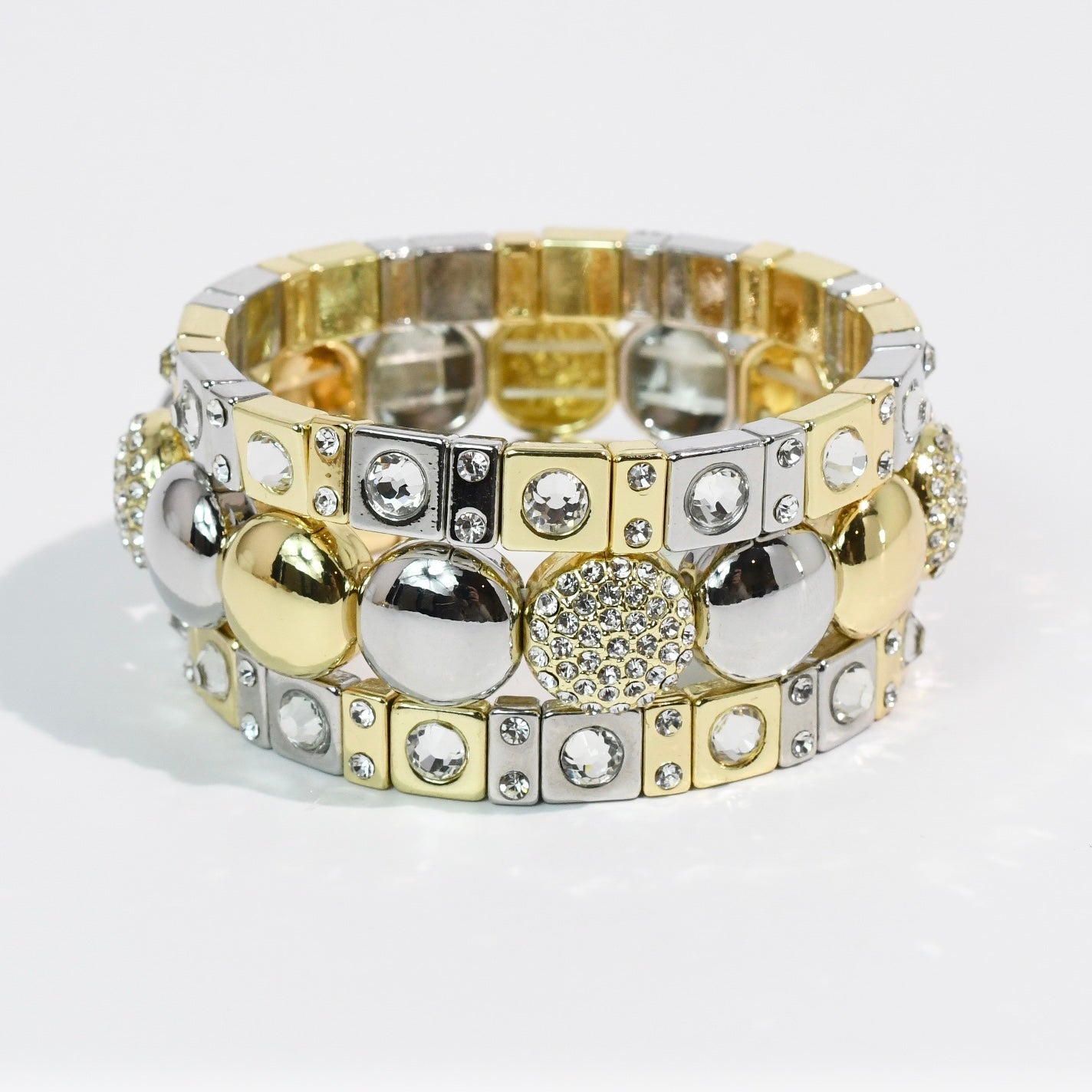 Mix Metal Sparkle Stack Set with geometric gold and silver-tone crystals by TREASURE JEWELS