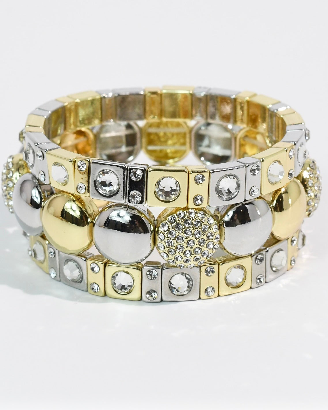 Mix Metal Sparkle Stack Set with geometric gold and silver tones accented by crystals by TREASURE JEWELS