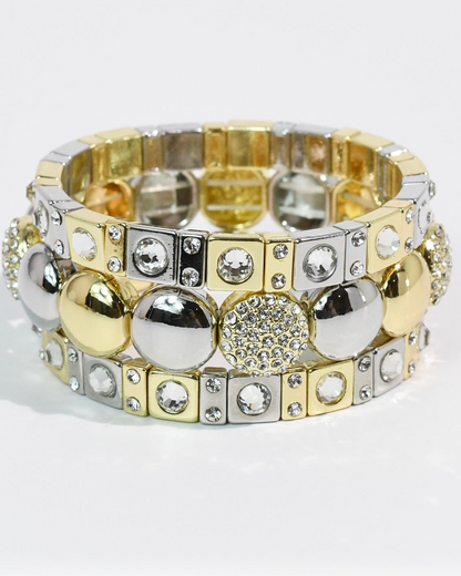 Mix Metal Sparkle Stack Set with geometric gold and silver tones accented by crystals by TREASURE JEWELS
