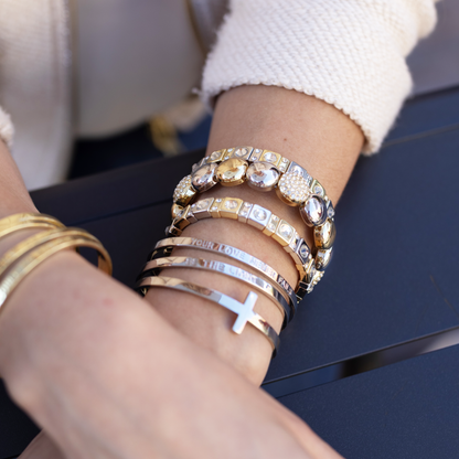 Mix Metal Sparkle Stack Set with geometric gold and silver tones and crystal hearts by TREASURE JEWELS