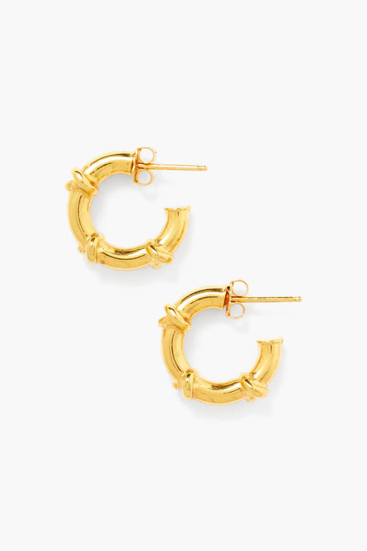 Gold sailor puffy hoop earrings with ridged detail and hinge clasp