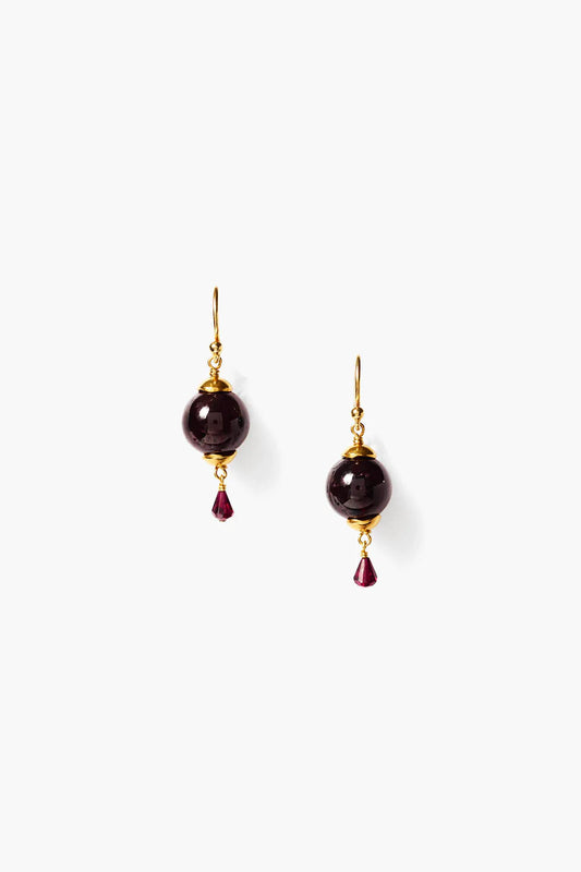 Lantern Earrings in Garnet: gold hooks with dark berry bead drops