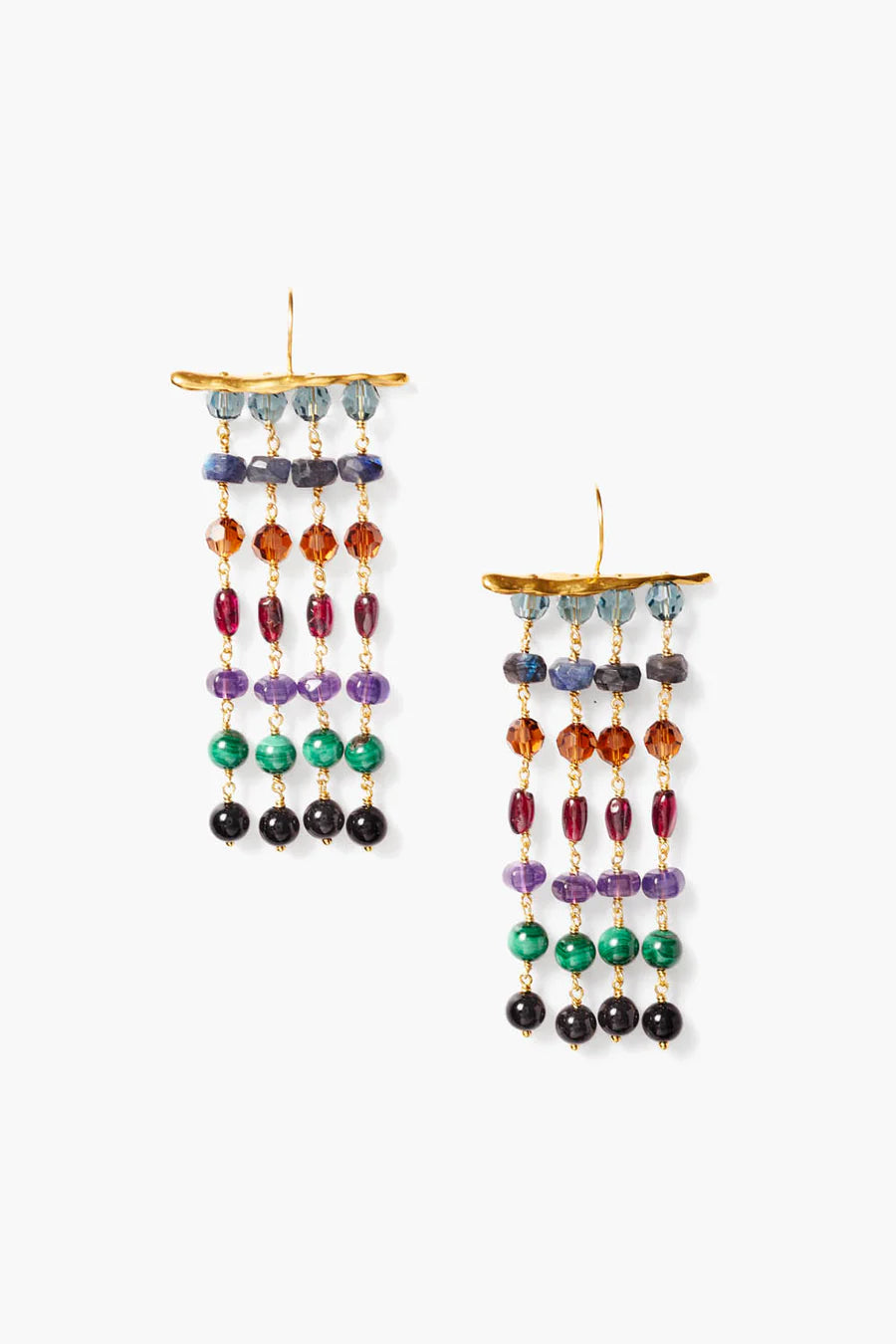 Contessa Earrings Multi Mix: blue teal purple red green bead drops on gold-tone hooks