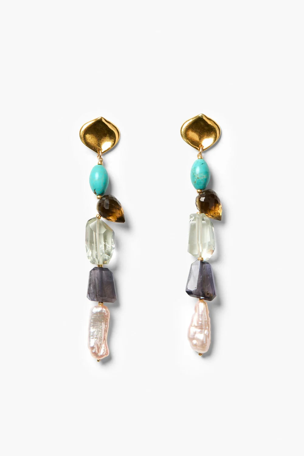Mantis drop earrings with gold caps and turquoise, smoky, pearl-like beads, multi