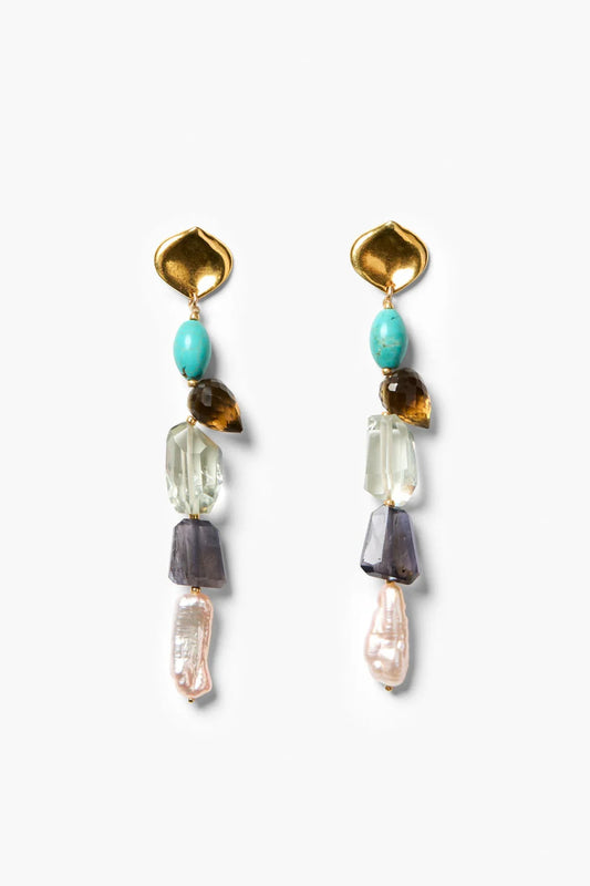 Mantis drop earrings with gold caps and turquoise, smoky, pearl-like beads, multi