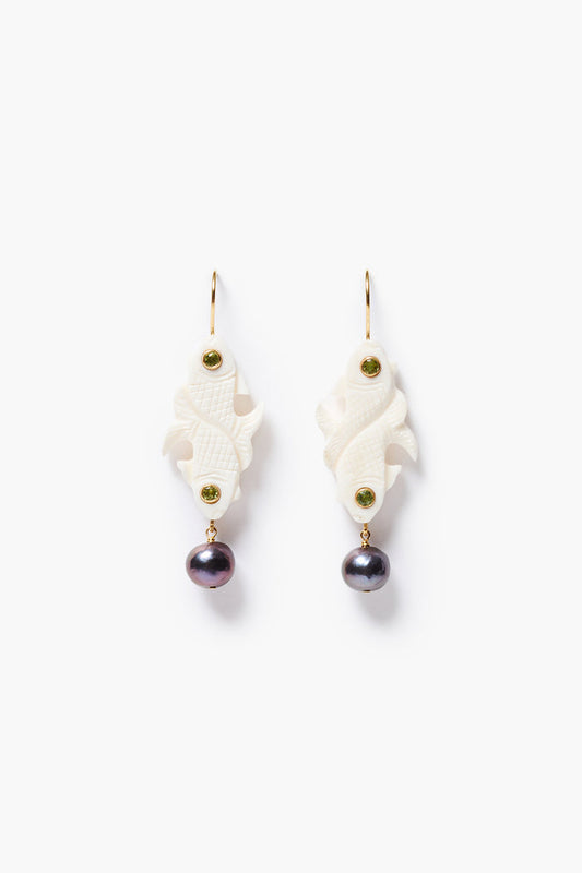 Double Koi Pearl Drop Earrings Peridot