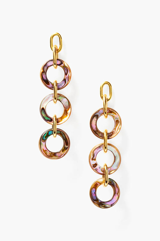 Mariner earrings, abalone discs on gold-tone chain links, three dangling circles