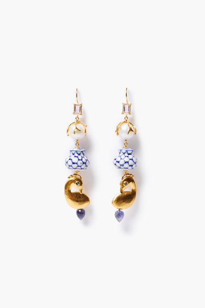 Delft Chandelier Earrings Multi with hand-painted porcelain, freshwater pearls, and gold peacock motifs
