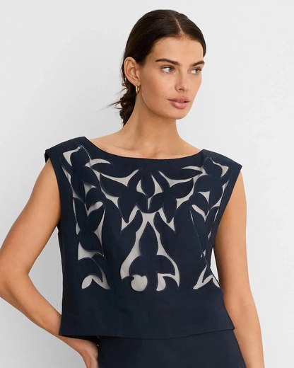 Gold Label Antibes Linen Cut Out Top in navy with intricate motifs, NIC AND ZOE, women’s short sleeves