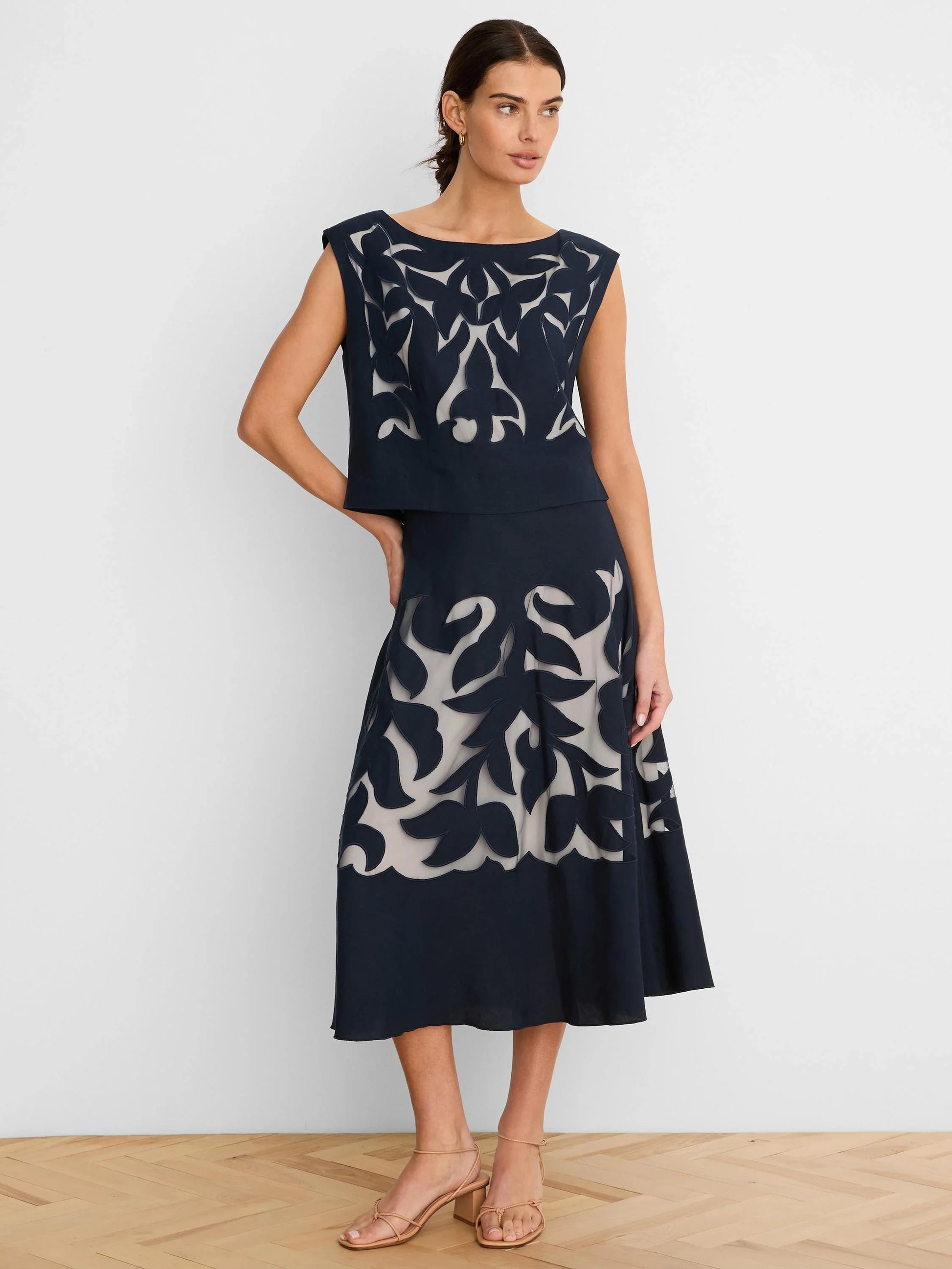 Gold Label Antibes Linen Cut Out Top by NIC AND ZOE, navy linen with intricate motifs, women's short sleeve