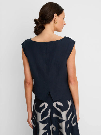 Gold Label Antibes Linen Cut Out Top by NIC AND ZOE, navy linen, women's short sleeve shirt