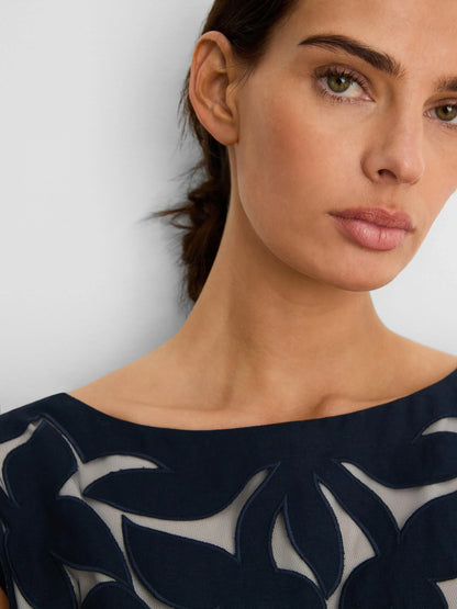 Gold Label Antibes Linen Cut Out Top by NIC AND ZOE, navy linen with floral cutwork, women’s shirt