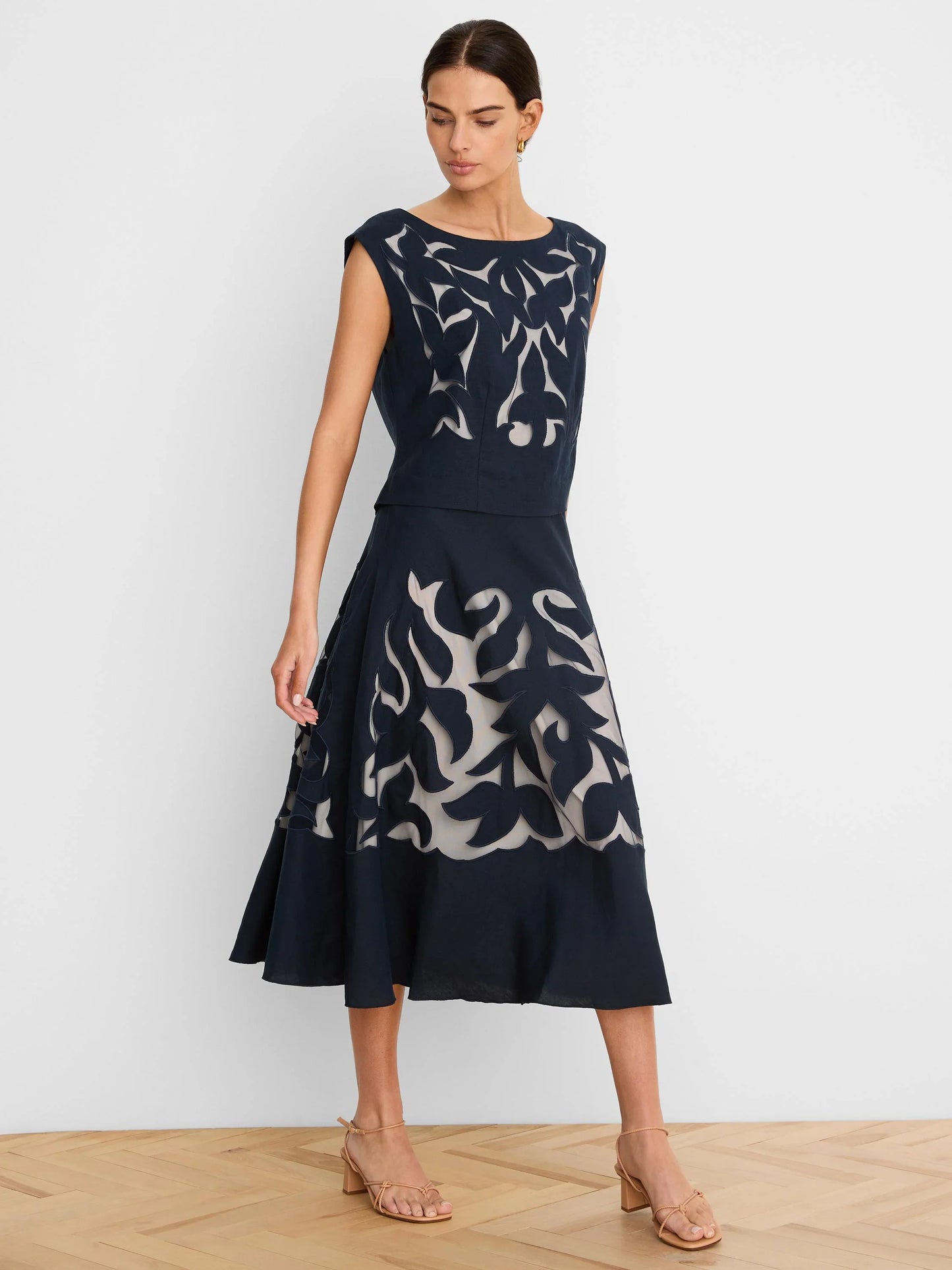 Gold Label Antibes Linen Cut Out Skirt in navy linen with intricate motifs by NIC AND ZOE