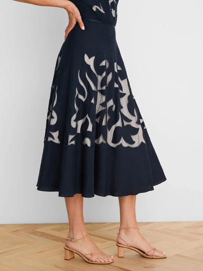 Gold Label Antibes Linen Cut Out Skirt in navy linen with floral motifs by NIC AND ZOE, Women's Skirts