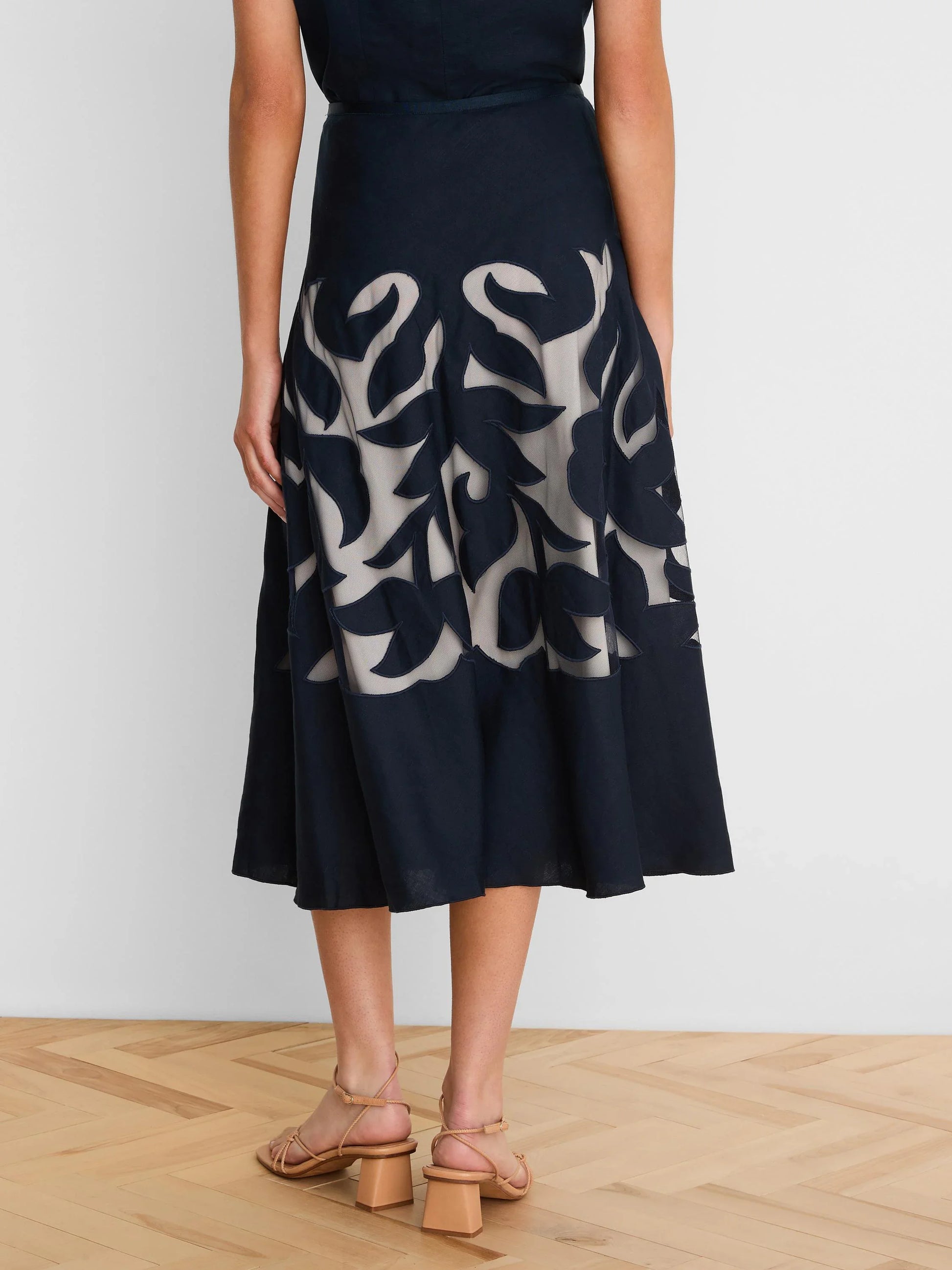 Gold Label Antibes Linen Cut Out Skirt in navy with intricate linen cutwork, NIC AND ZOE, women's skirts