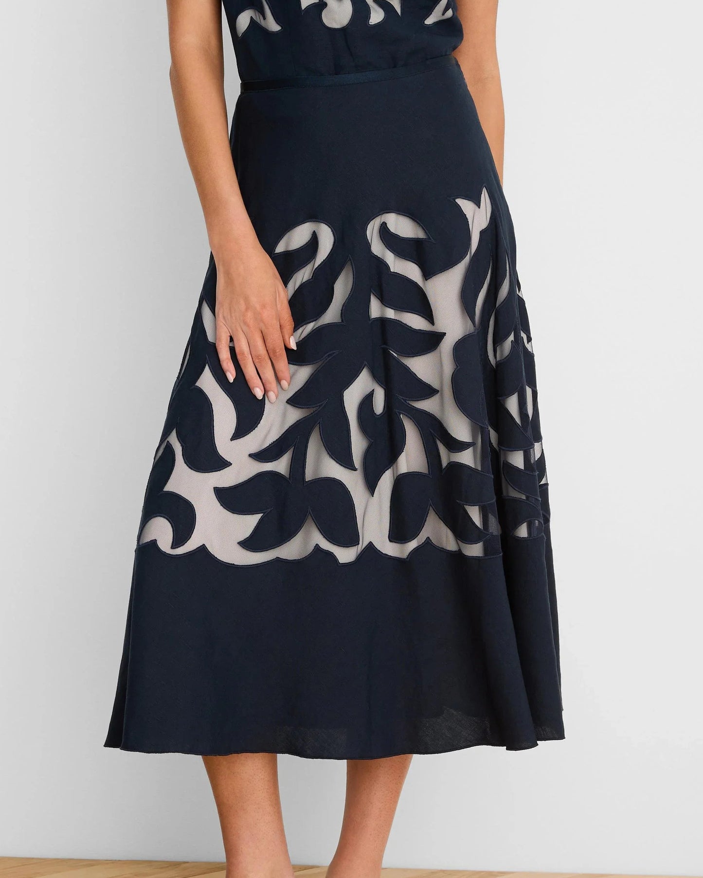 Gold Label Antibes Linen Cut Out Skirt in navy linen with intricate motifs by NIC AND ZOE
